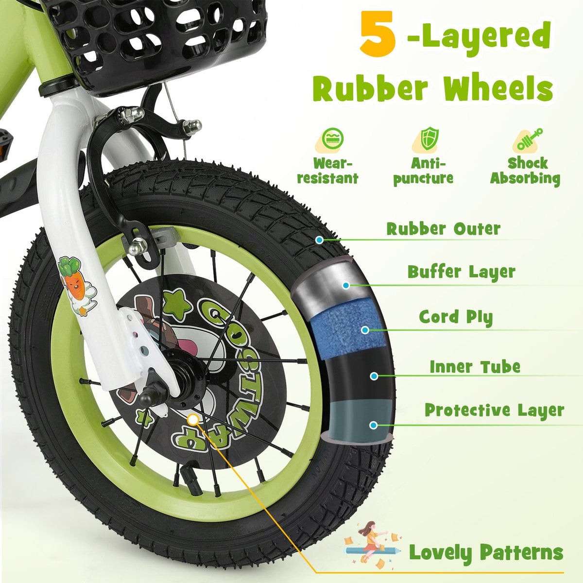 14 Inch Kids Bike with Detachable Training Wheels and Basket, Green