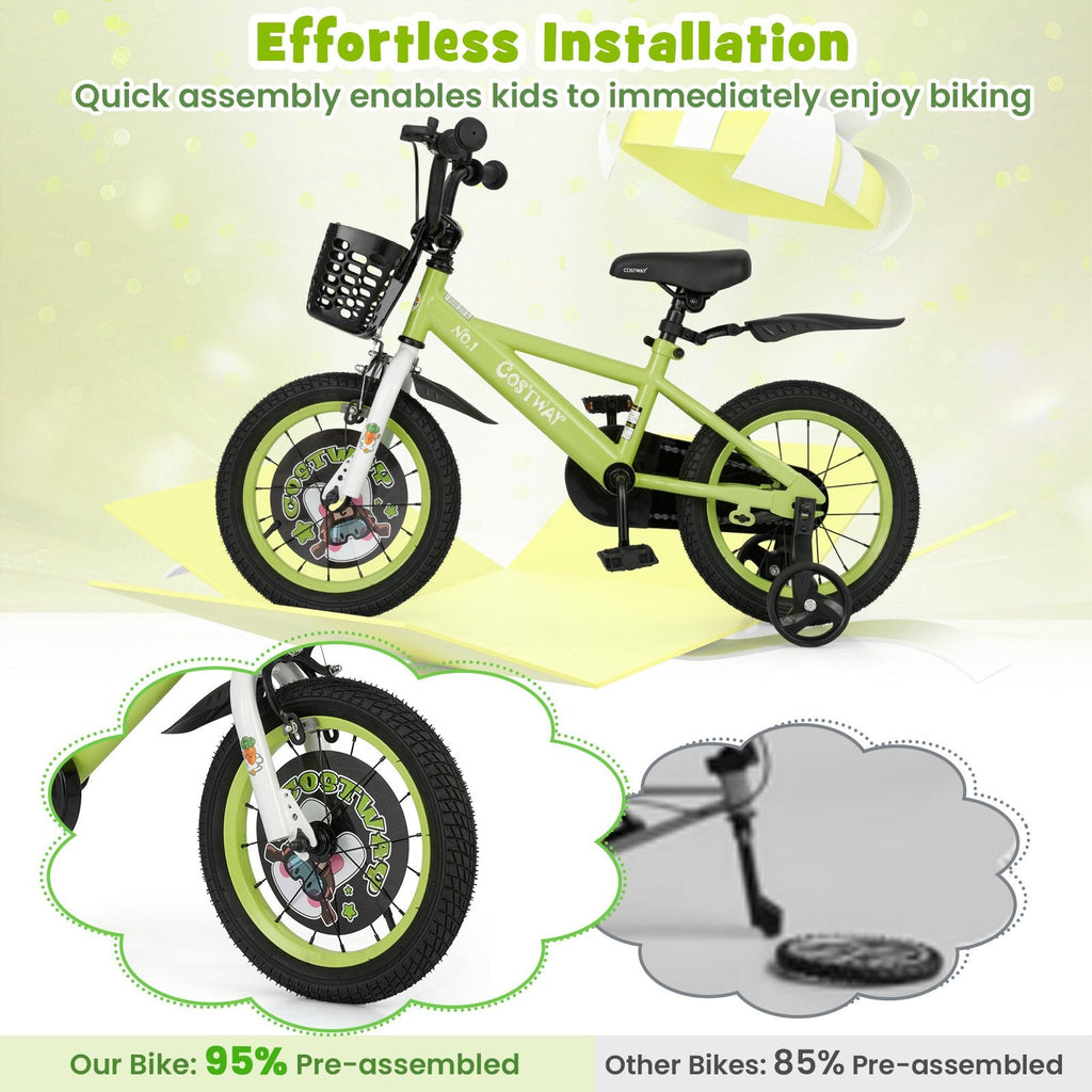 14 Inch Kids Bike with Detachable Training Wheels and Basket, Green
