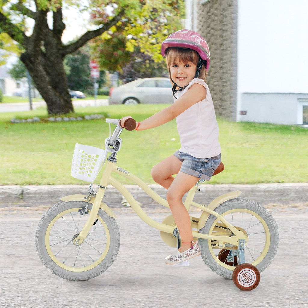 14 Inch Kids Bike Adjustable with Training Wheels and Basket, Cream