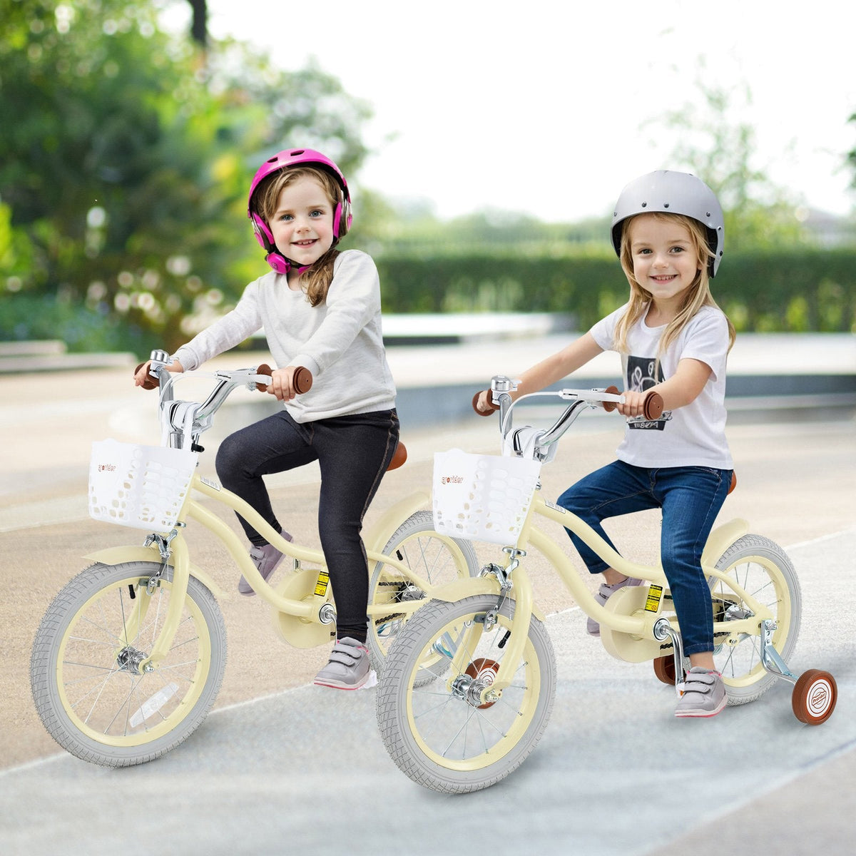 14 Inch Kids Bike Adjustable with Training Wheels and Basket, Cream