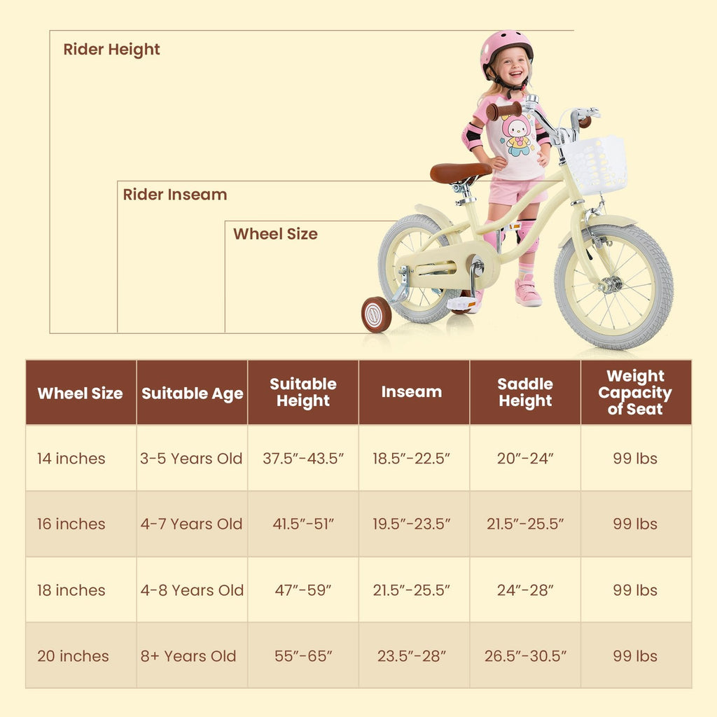 14 Inch Kids Bike Adjustable with Training Wheels and Basket, Cream