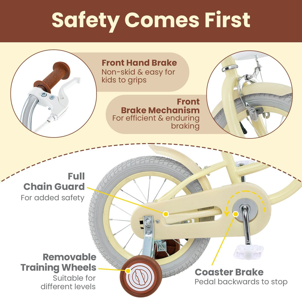 14 Inch Kids Bike Adjustable with Training Wheels and Basket, Cream