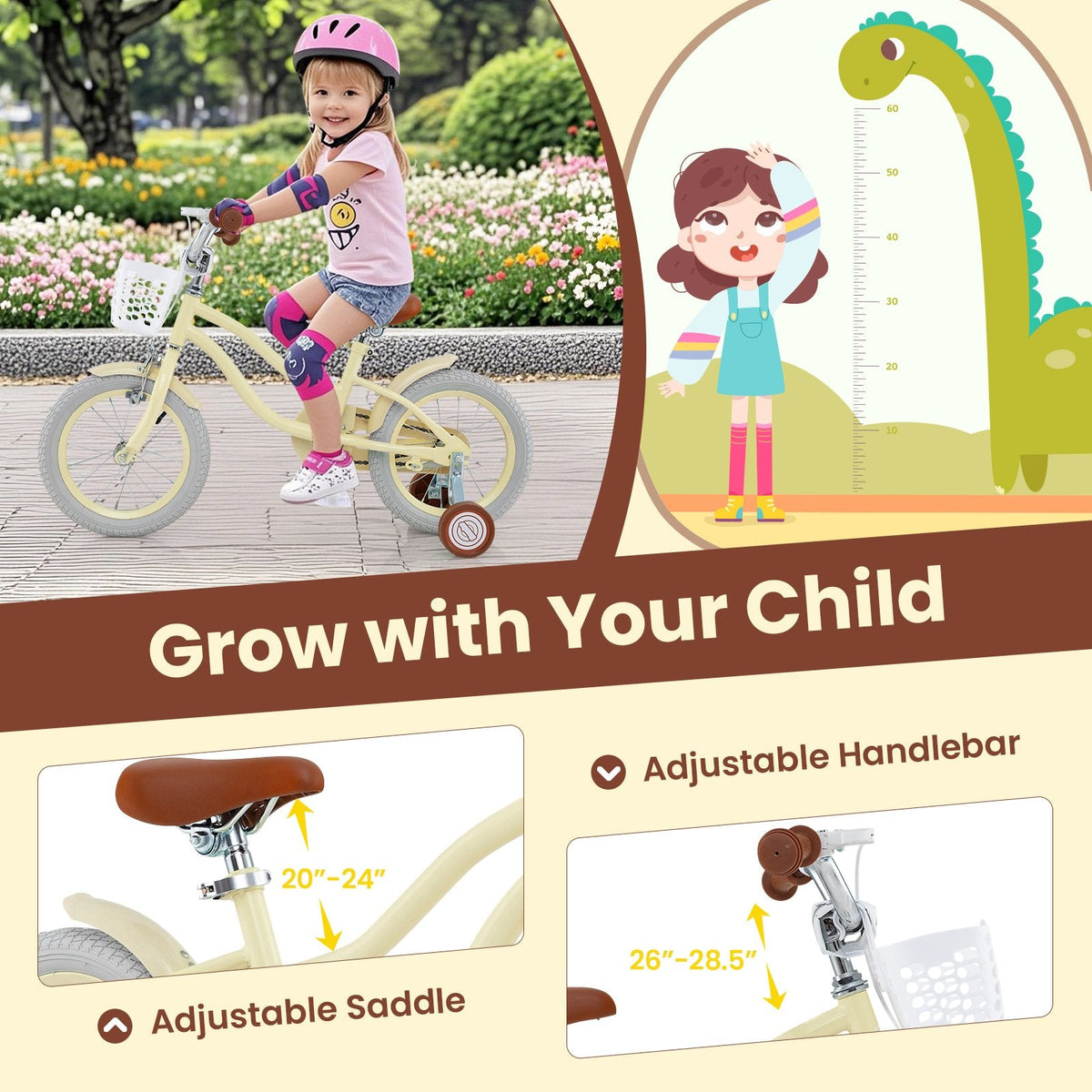 14 Inch Kids Bike Adjustable with Training Wheels and Basket, Cream