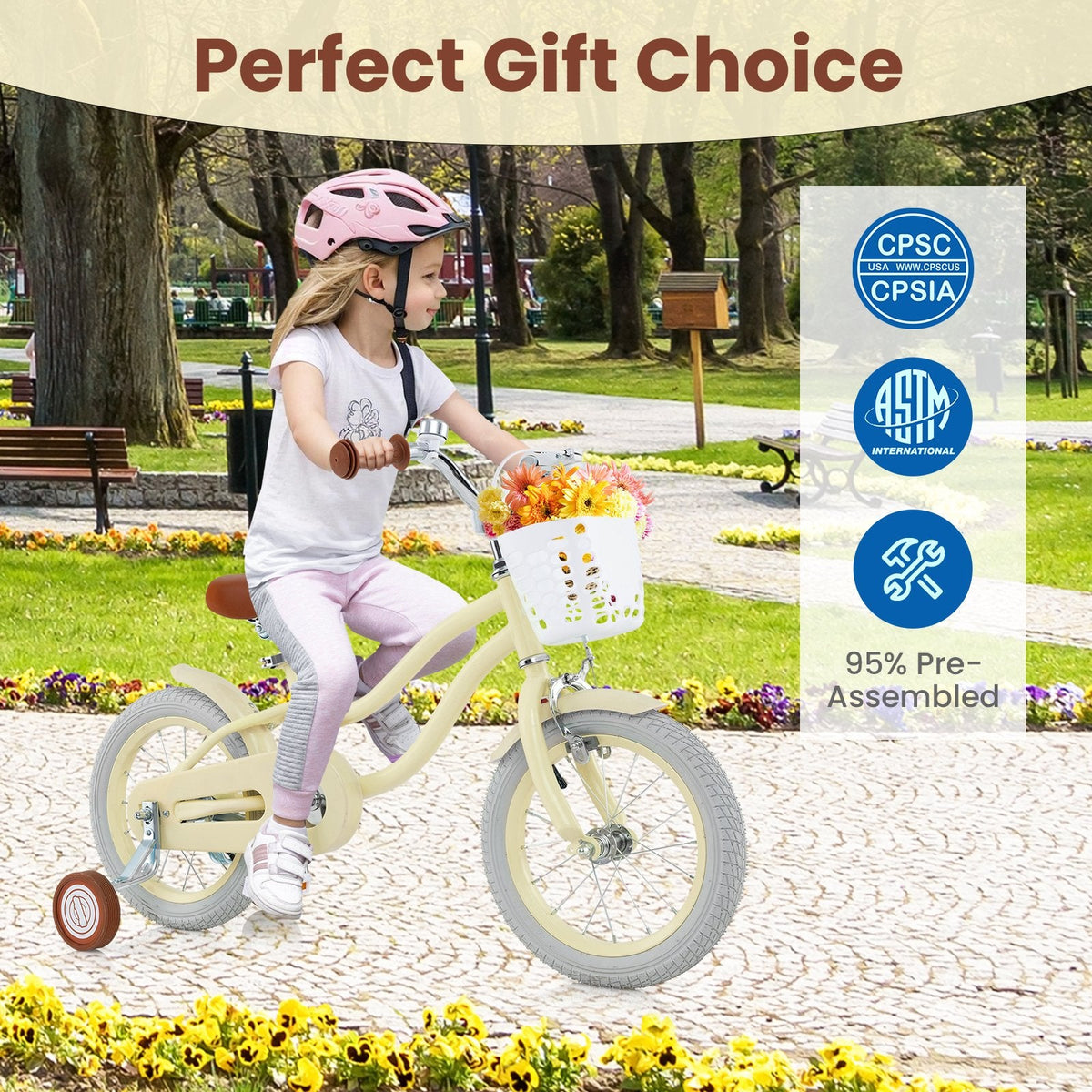 14 Inch Kids Bike Adjustable with Training Wheels and Basket, Cream