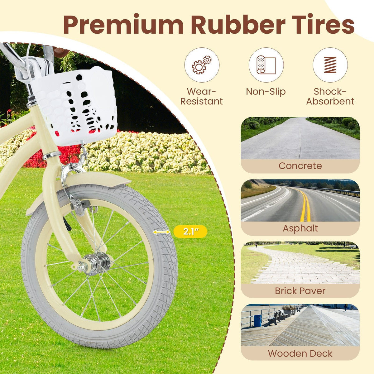 14 Inch Kids Bike Adjustable with Training Wheels and Basket, Cream