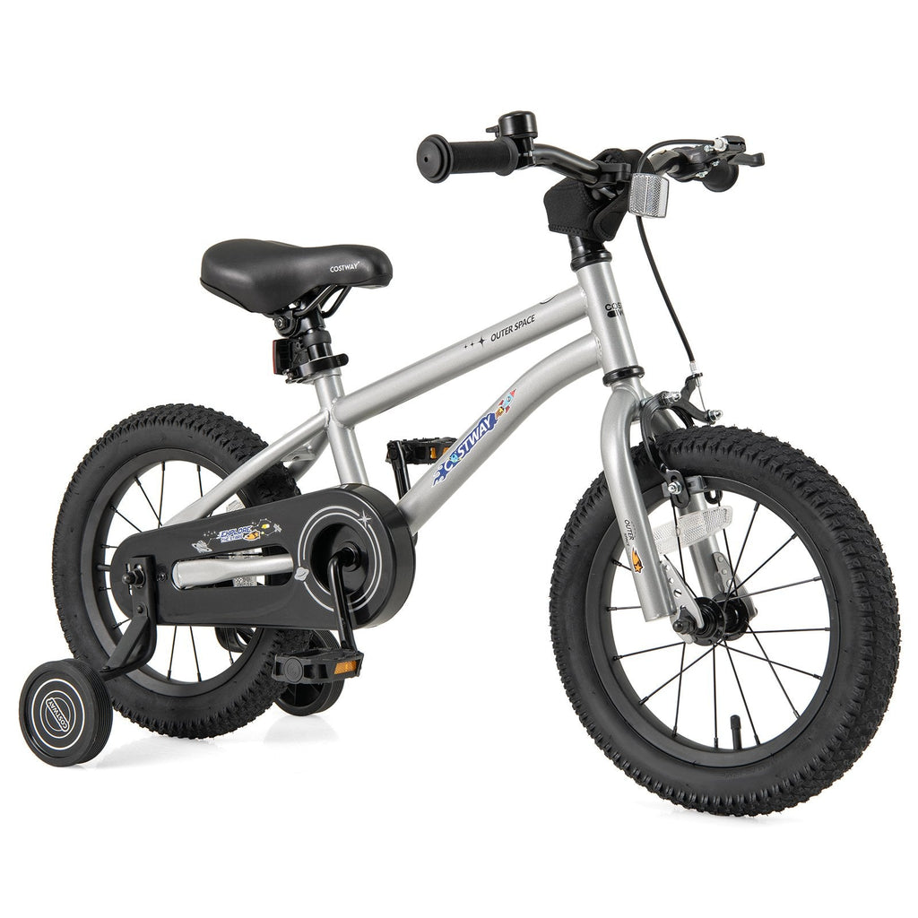 14 Inch Kids Bike with High Carbon Steel Frame and Training Wheels, Silver