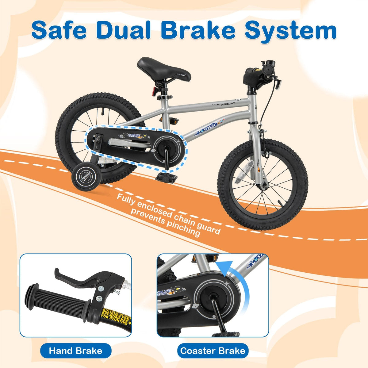 14 Inch Kids Bike with High Carbon Steel Frame and Training Wheels, Silver