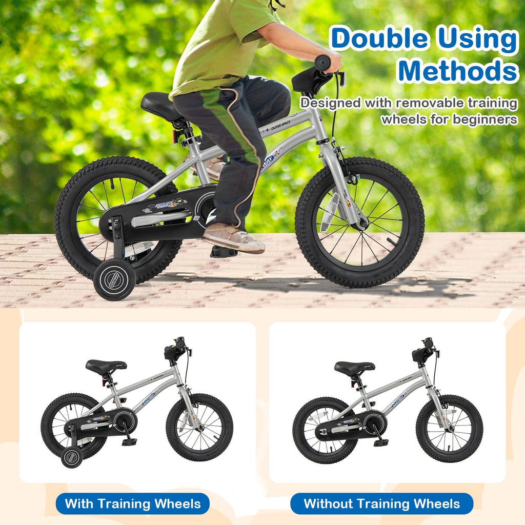 14 Inch Kids Bike with High Carbon Steel Frame and Training Wheels, Silver