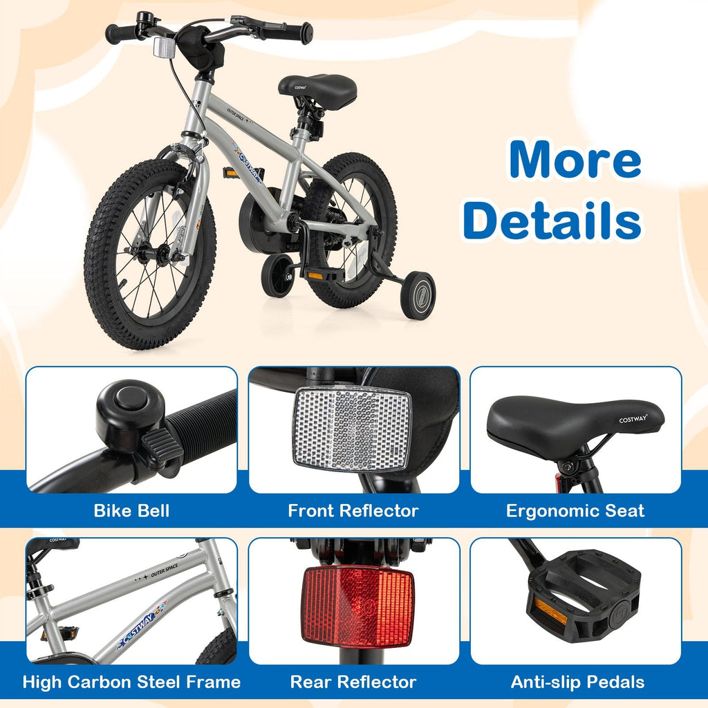 14 Inch Kids Bike with High Carbon Steel Frame and Training Wheels, Silver