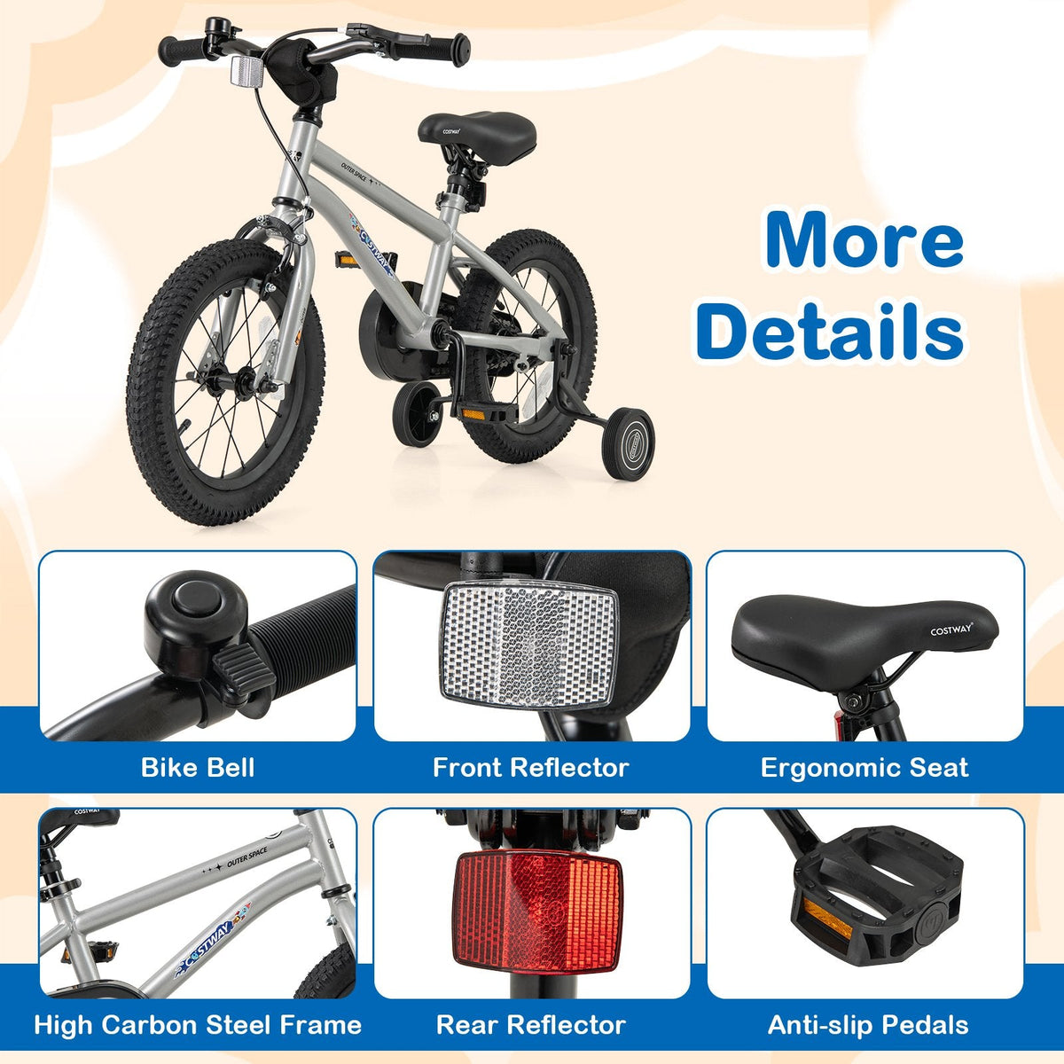 14 Inch Kids Bike with High Carbon Steel Frame and Training Wheels, Silver