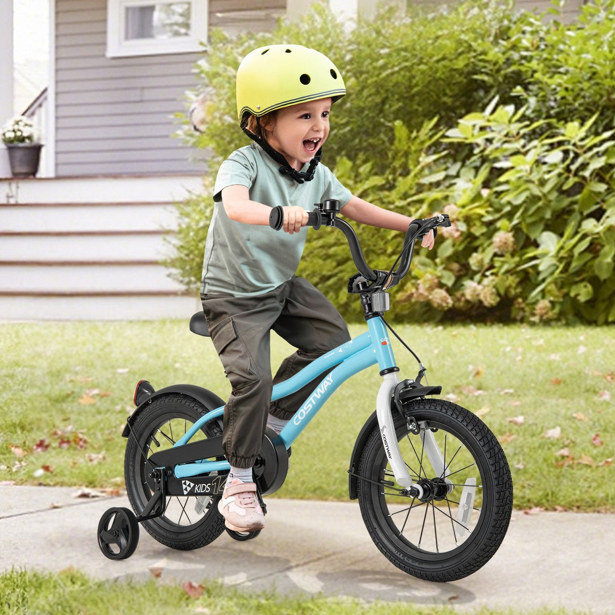 14 Inch Kids Bike with Reflectors, Bell and Detachable Training Wheels, Light Blue