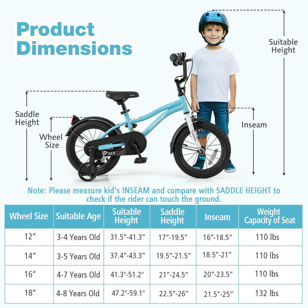 14 Inch Kids Bike with Reflectors, Bell and Detachable Training Wheels, Light Blue