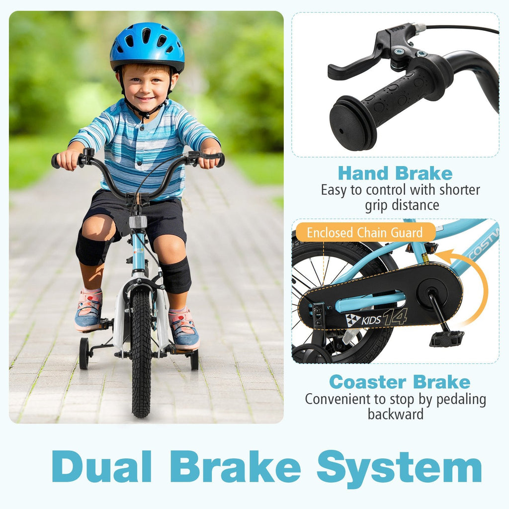 14 Inch Kids Bike with Reflectors, Bell and Detachable Training Wheels, Light Blue