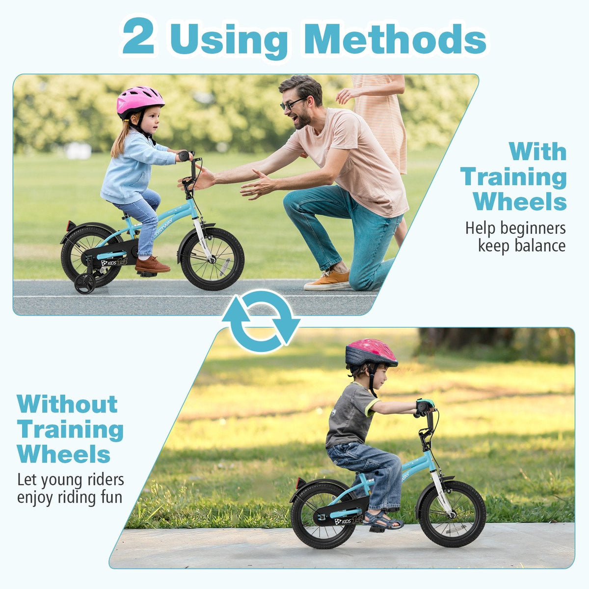 14 Inch Kids Bike with Reflectors, Bell and Detachable Training Wheels, Light Blue