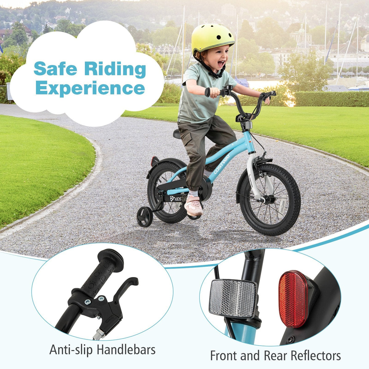 14 Inch Kids Bike with Reflectors, Bell and Detachable Training Wheels, Light Blue