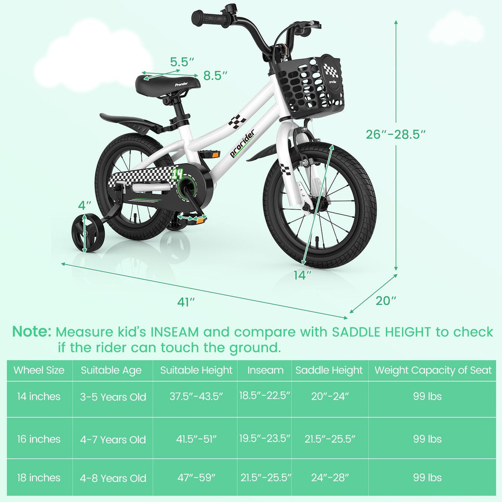 14 Inch Kids Bike with 2 Training Wheels and Basket for Ages 3 to 5, Black and White