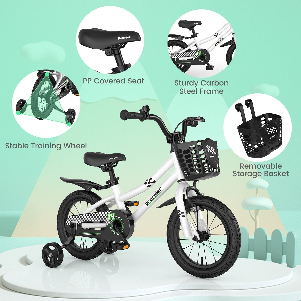 14 Inch Kids Bike with 2 Training Wheels and Basket for Ages 3 to 5, Black and White