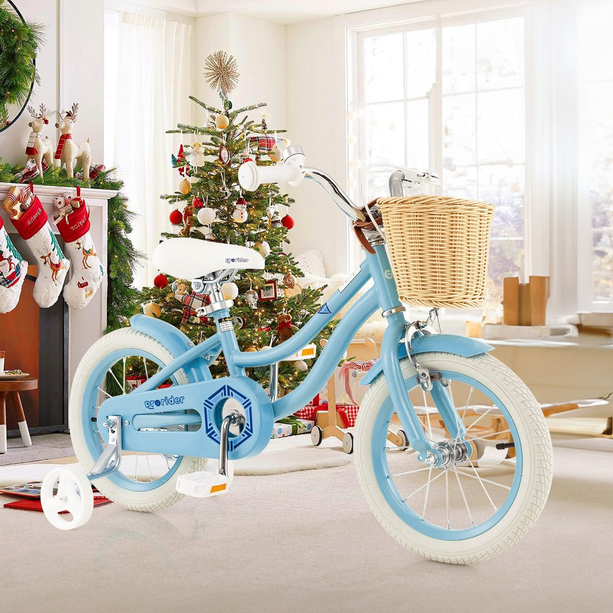 14 Inch Kids Bike with Wicker Basket and Removable Training Wheels, Blue