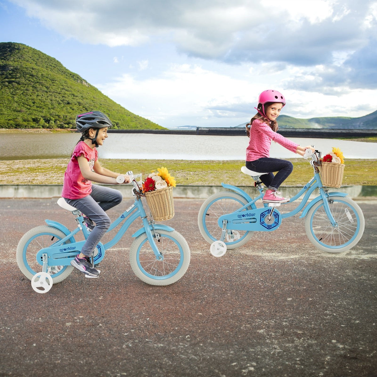 14 Inch Kids Bike with Wicker Basket and Removable Training Wheels, Blue