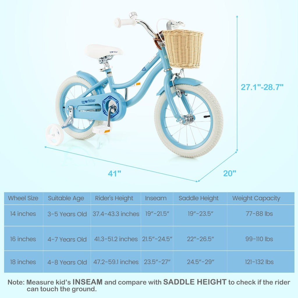 14 Inch Kids Bike with Wicker Basket and Removable Training Wheels, Blue