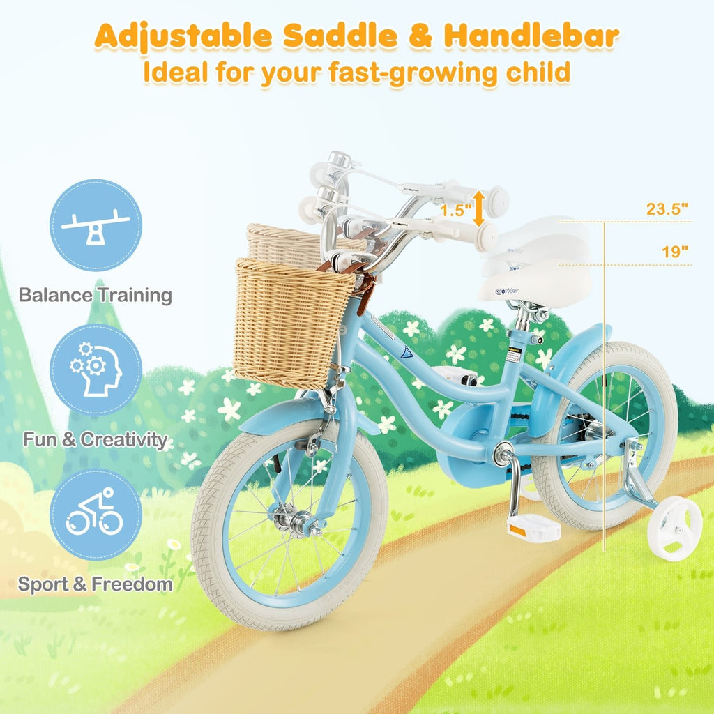 14 Inch Kids Bike with Wicker Basket and Removable Training Wheels, Blue