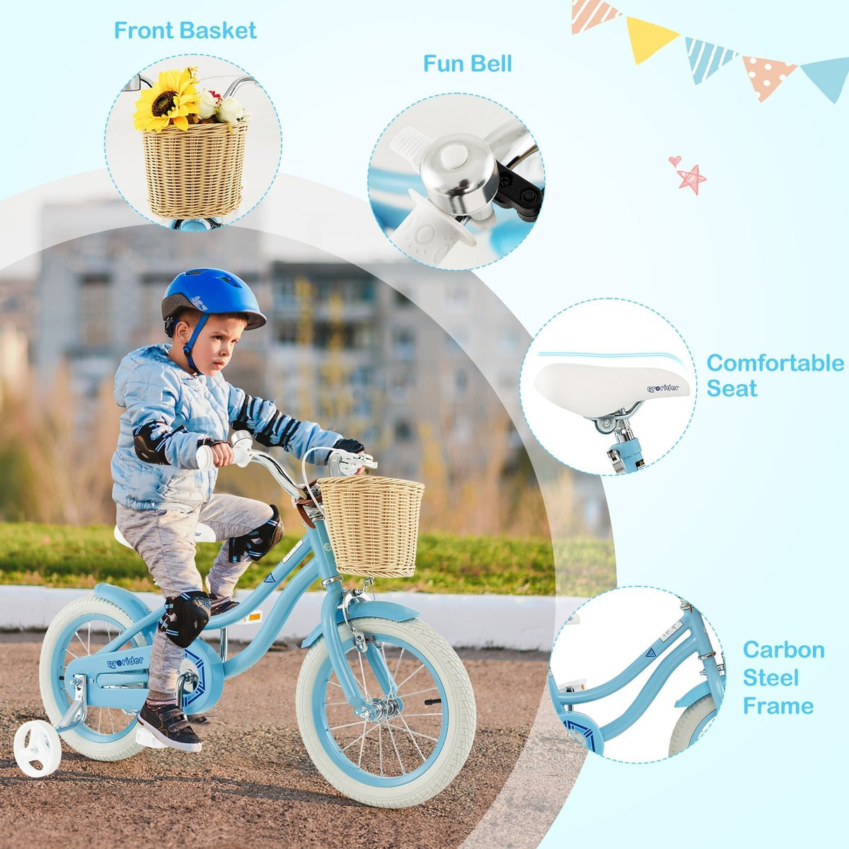 14 Inch Kids Bike with Wicker Basket and Removable Training Wheels, Blue