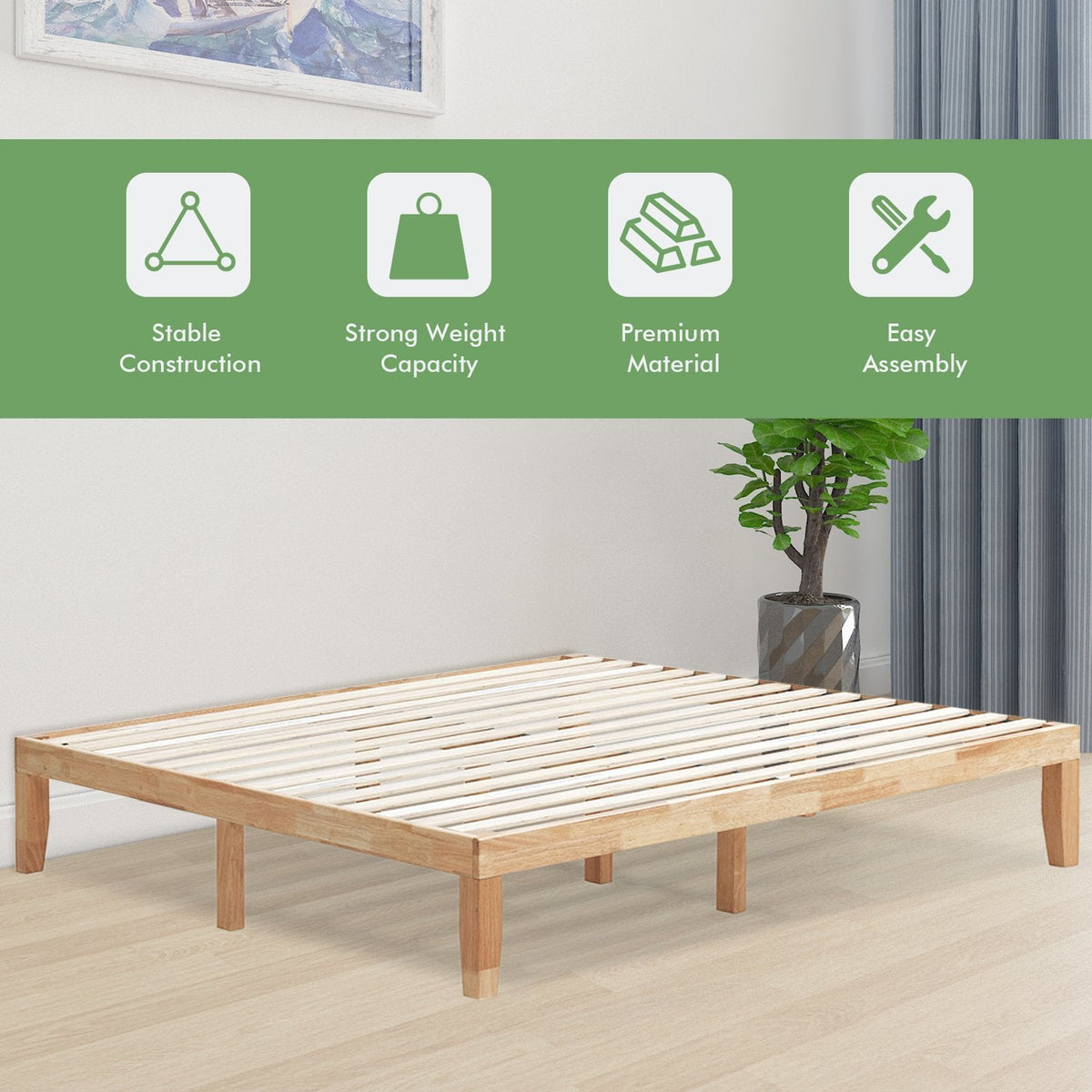14 Inch King Size Wood Platform Bed Frame with 14 Bar Slat Support, Natural