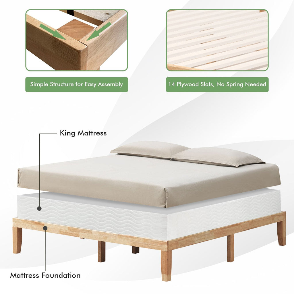 14 Inch King Size Wood Platform Bed Frame with 14 Bar Slat Support, Natural