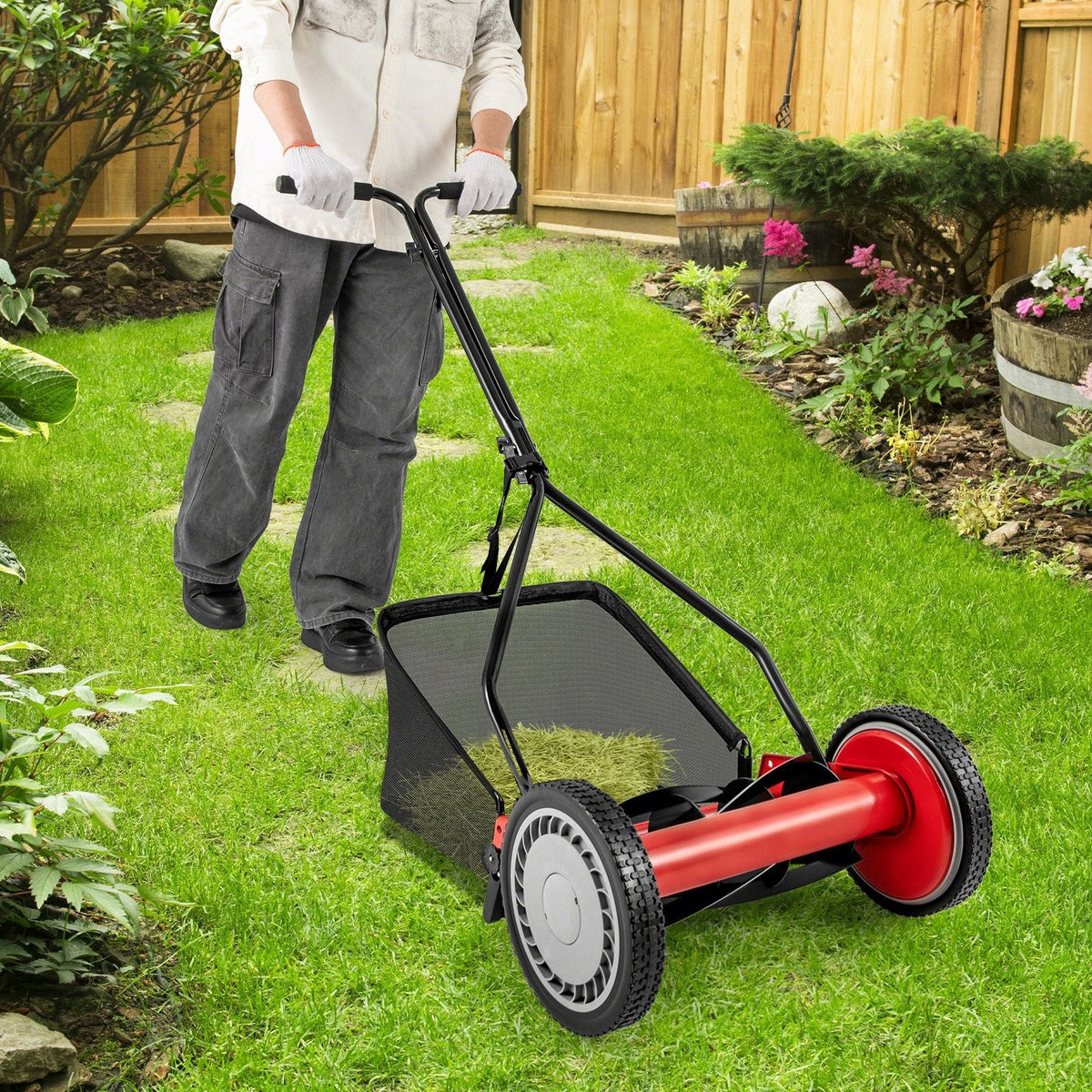 14 Inch Push Lawn Mower with 5 Steel Blades and Grass Catcher Bag-Red
