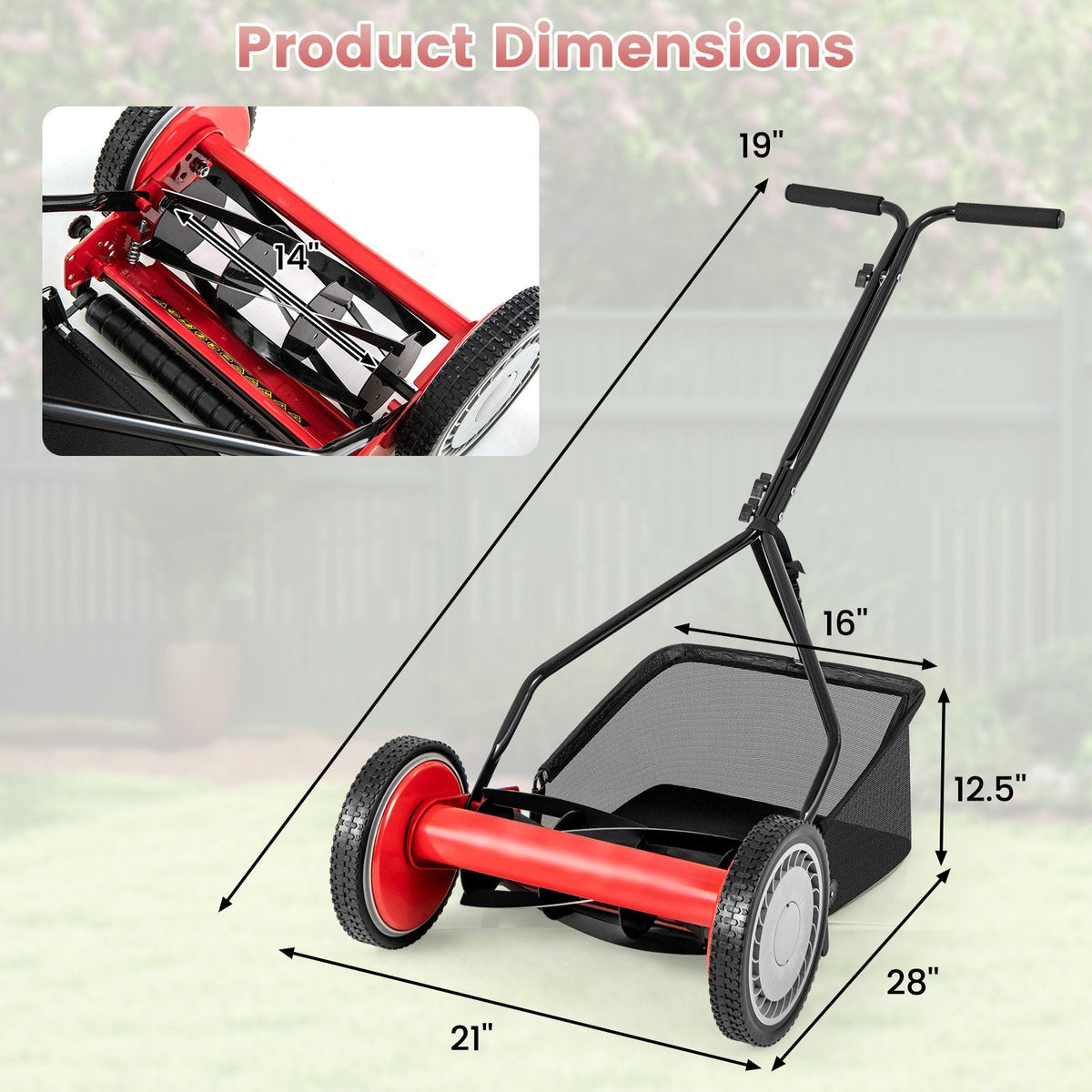 14 Inch Push Lawn Mower with 5 Steel Blades and Grass Catcher Bag-Red