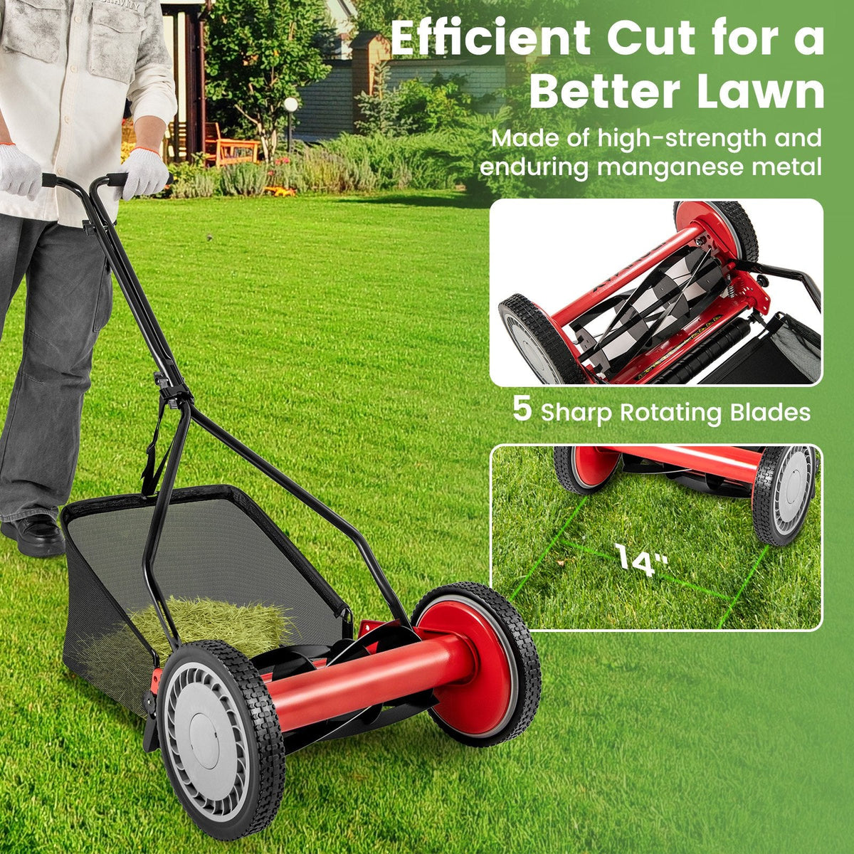 14 Inch Push Lawn Mower with 5 Steel Blades and Grass Catcher Bag-Red