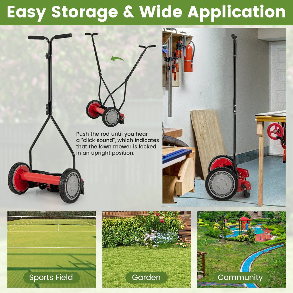 14 Inch Push Lawn Mower with 5 Steel Blades and Grass Catcher Bag-Red