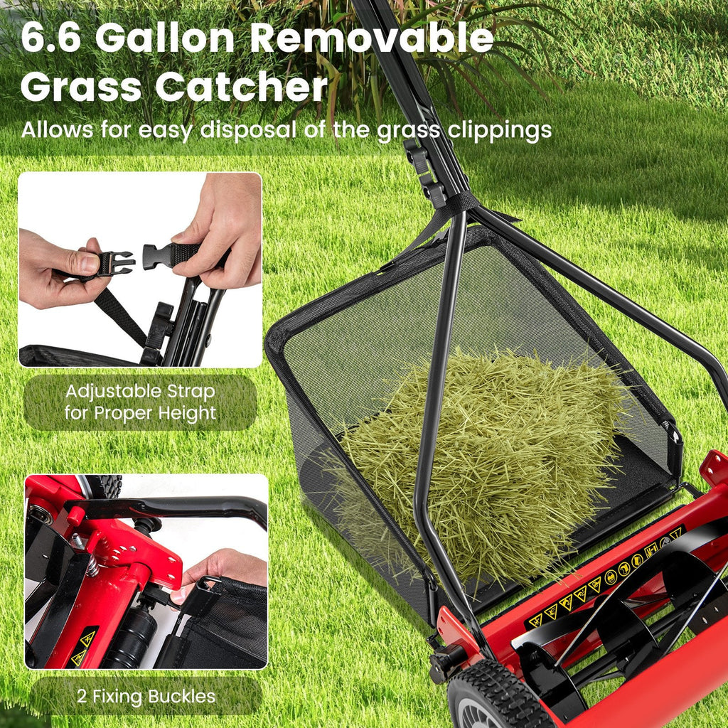 14 Inch Push Lawn Mower with 5 Steel Blades and Grass Catcher Bag-Red