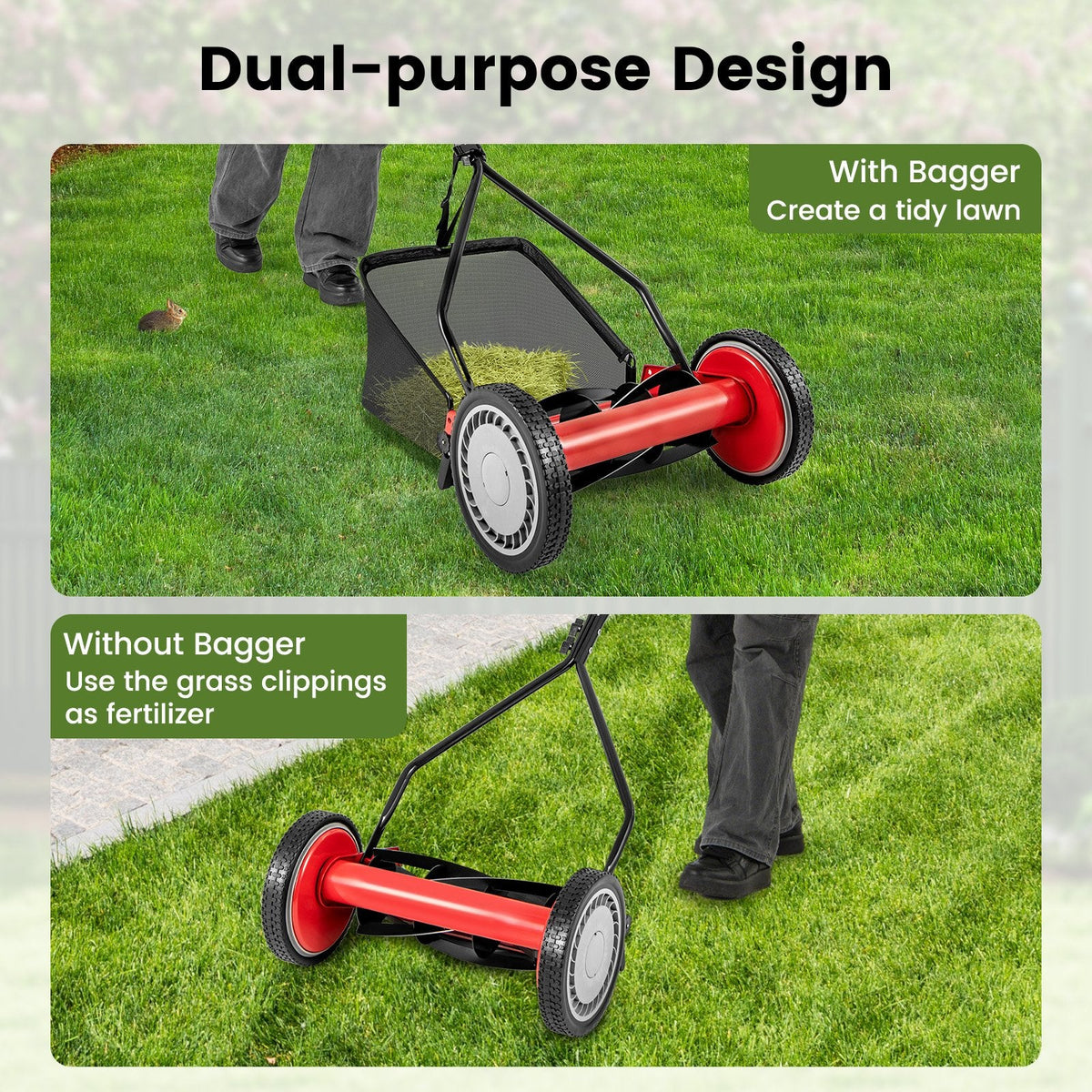 14 Inch Push Lawn Mower with 5 Steel Blades and Grass Catcher Bag-Red