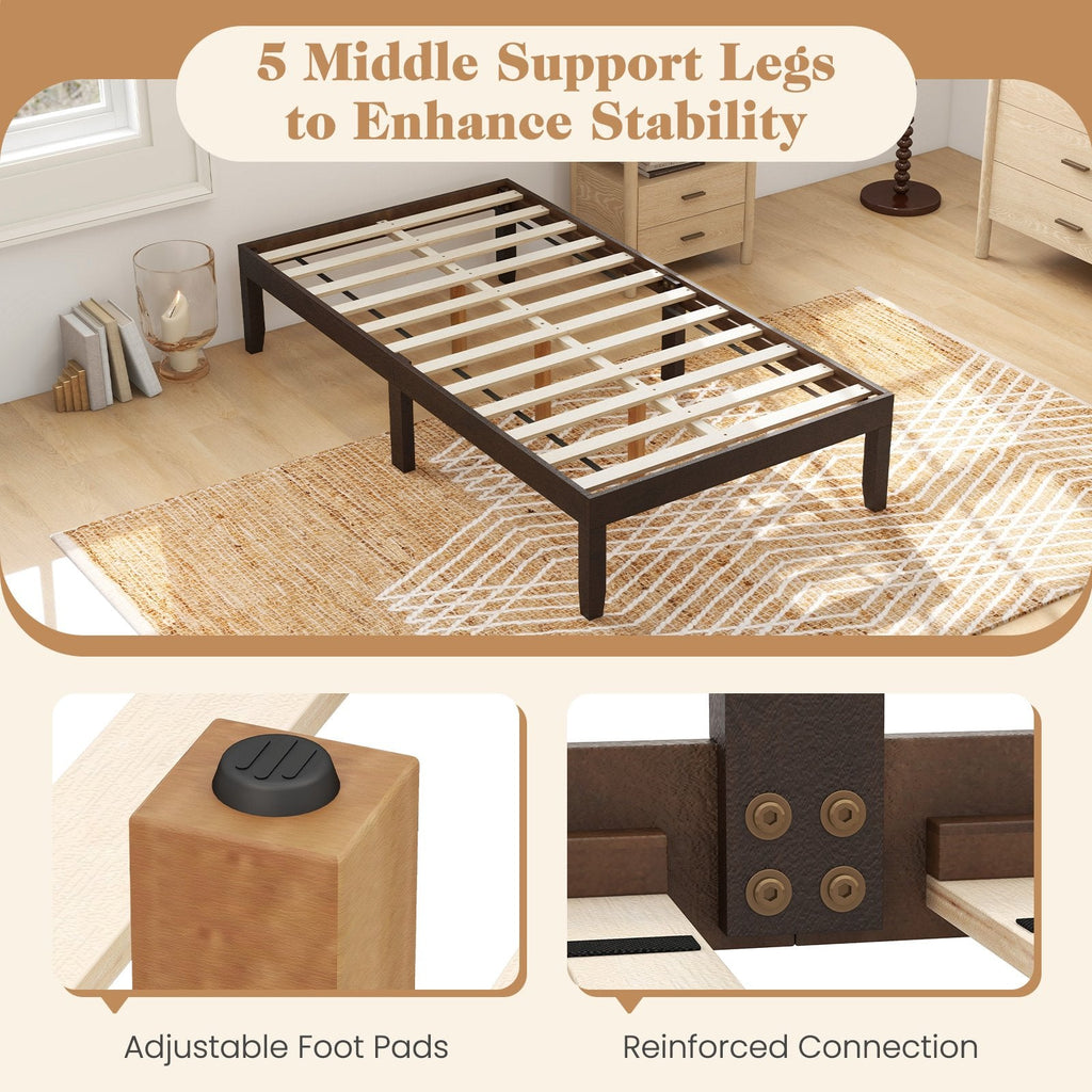 14 Inch Twin Wood Platform Bed Frame with 12 Plywood Slats and Adjustable Foot Pads, Espresso