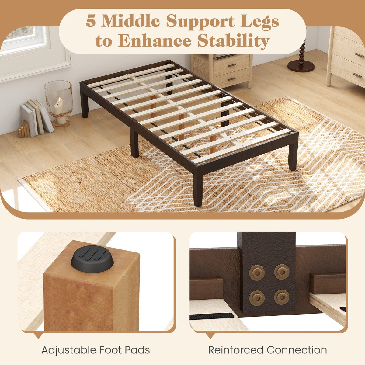 14 Inch Twin Wood Platform Bed Frame with 12 Plywood Slats and Adjustable Foot Pads, Espresso