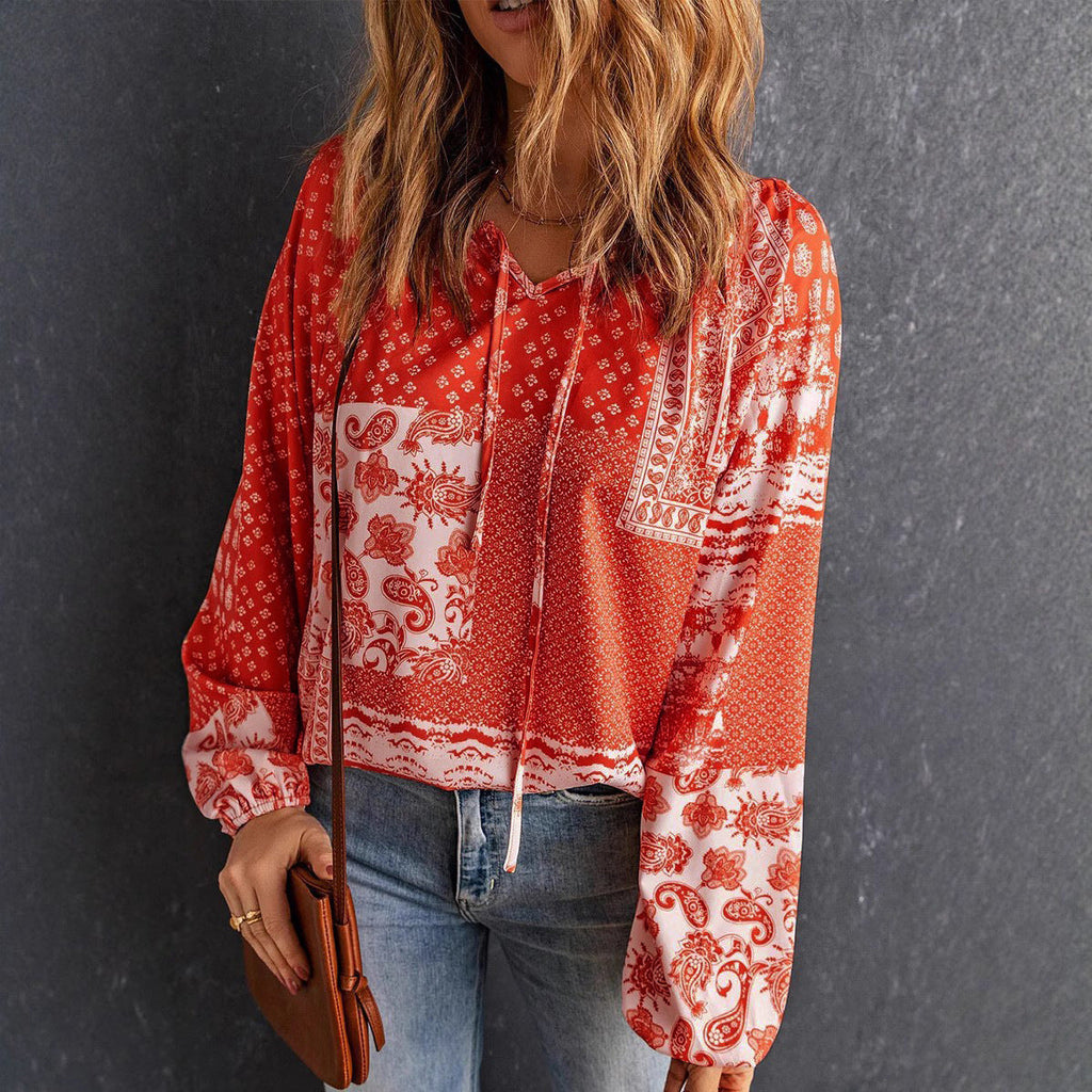 Women's Long-sleeved Printed Ethnic Blouse T-shirt Shirt