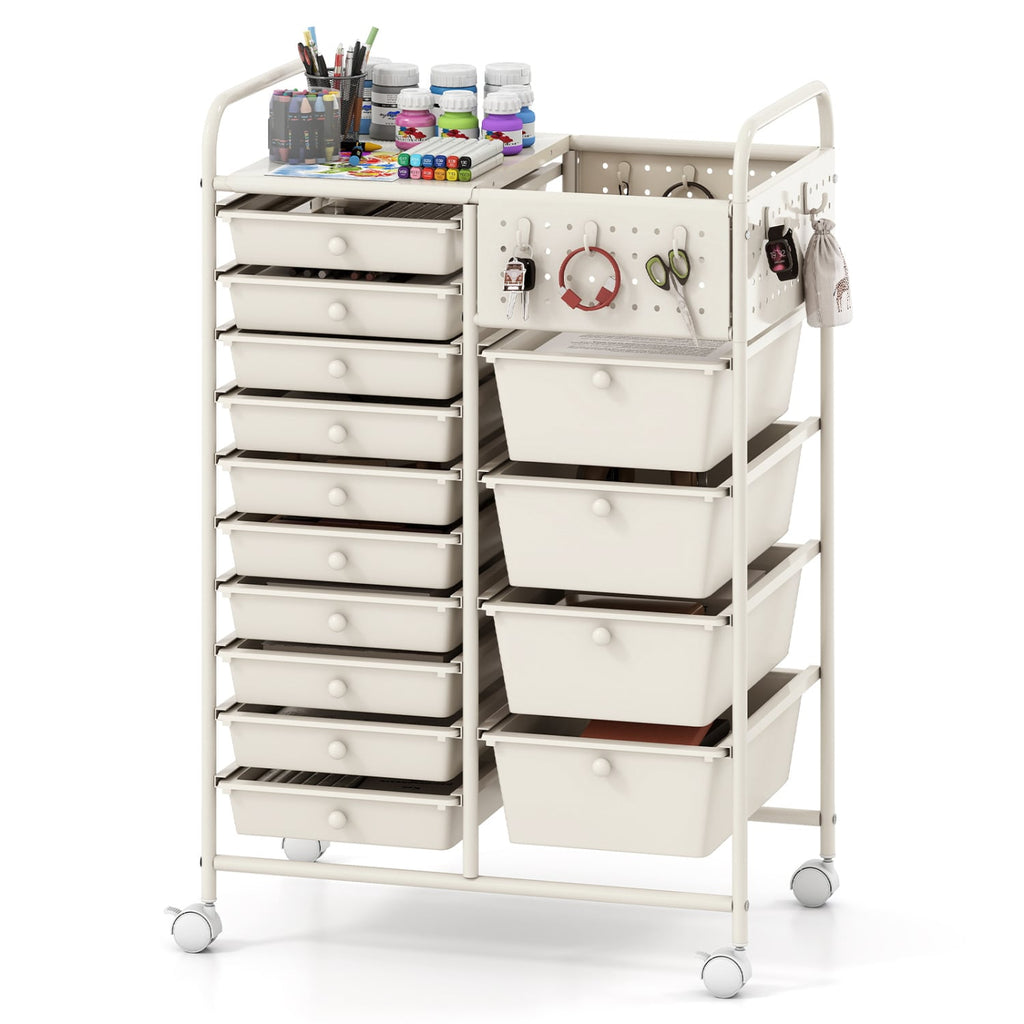 14-Drawer Rolling Storage Cart with Metal Tabletop and Pegboard-White