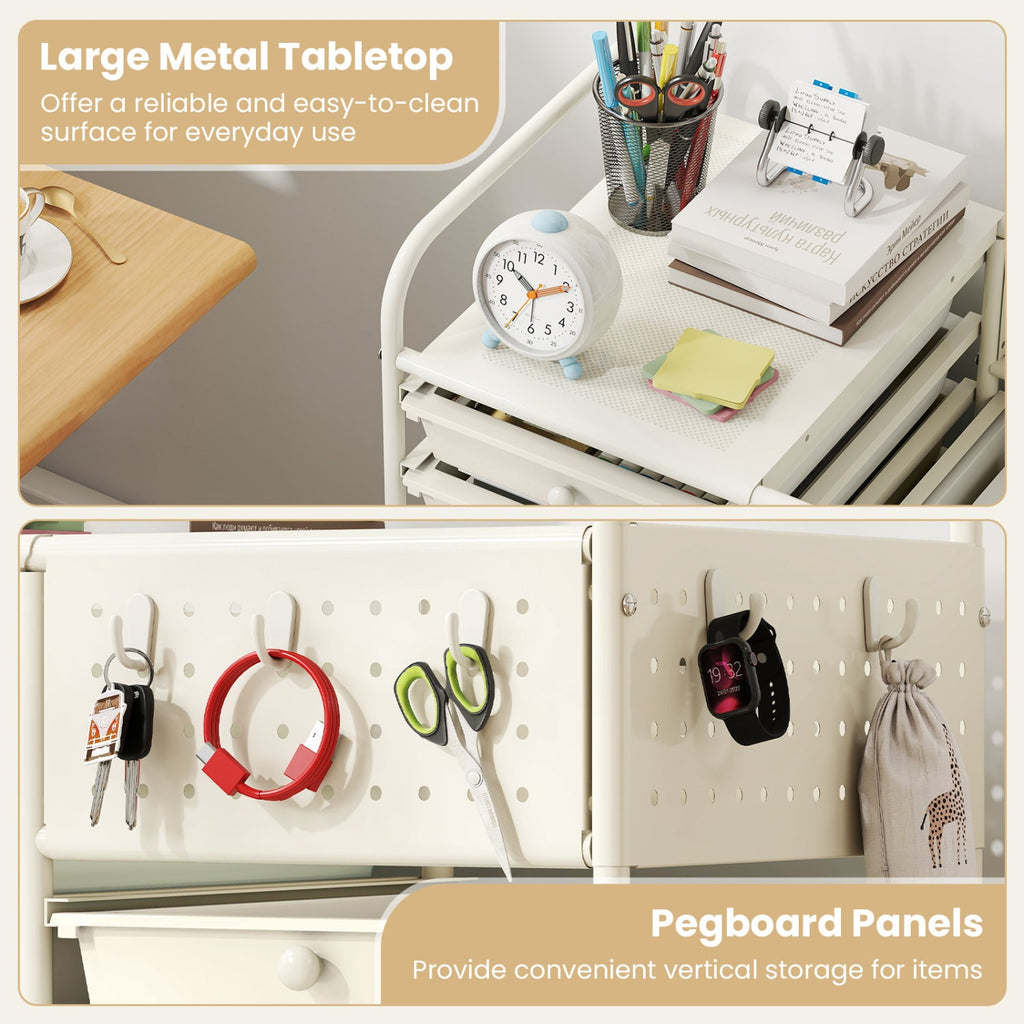 14-Drawer Rolling Storage Cart with Metal Tabletop and Pegboard-White