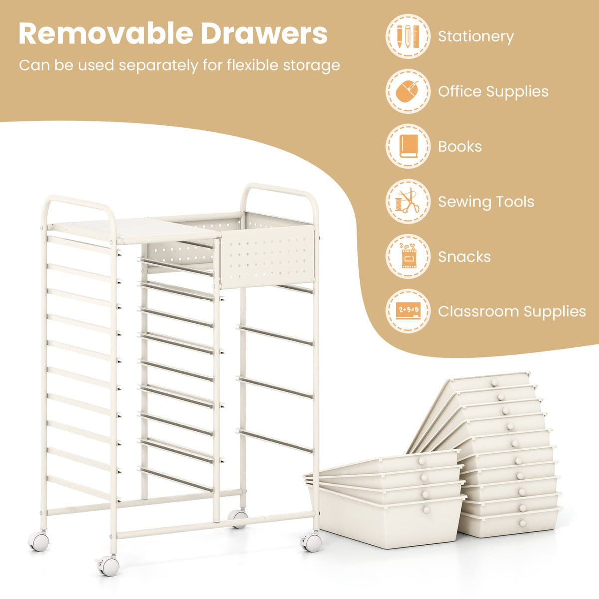 14-Drawer Rolling Storage Cart with Metal Tabletop and Pegboard-White