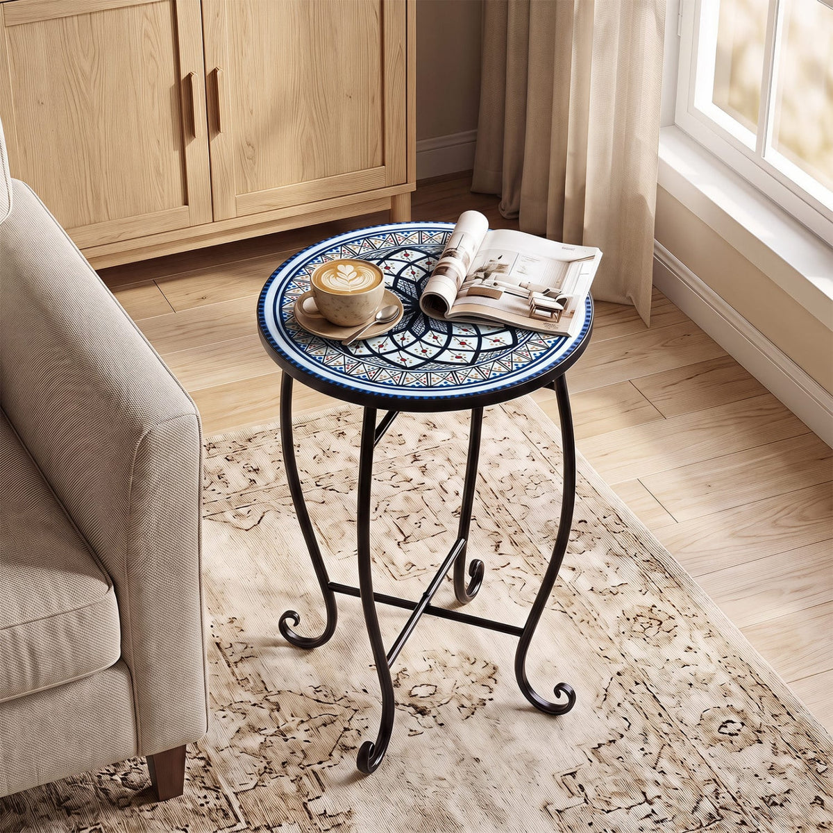 14 inches Floral Clover/Blooming Lotus/Bright Sunflower Mosaic Patio Accent Coffee End Table-White