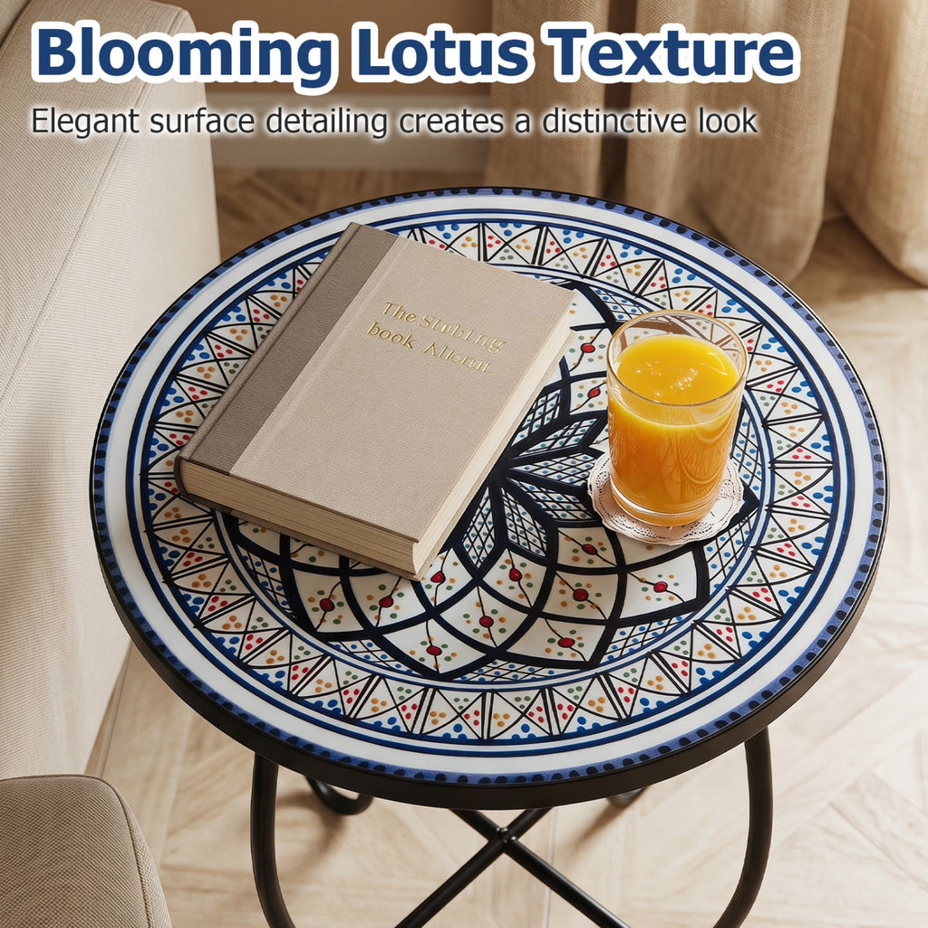 14 inches Floral Clover/Blooming Lotus/Bright Sunflower Mosaic Patio Accent Coffee End Table-White
