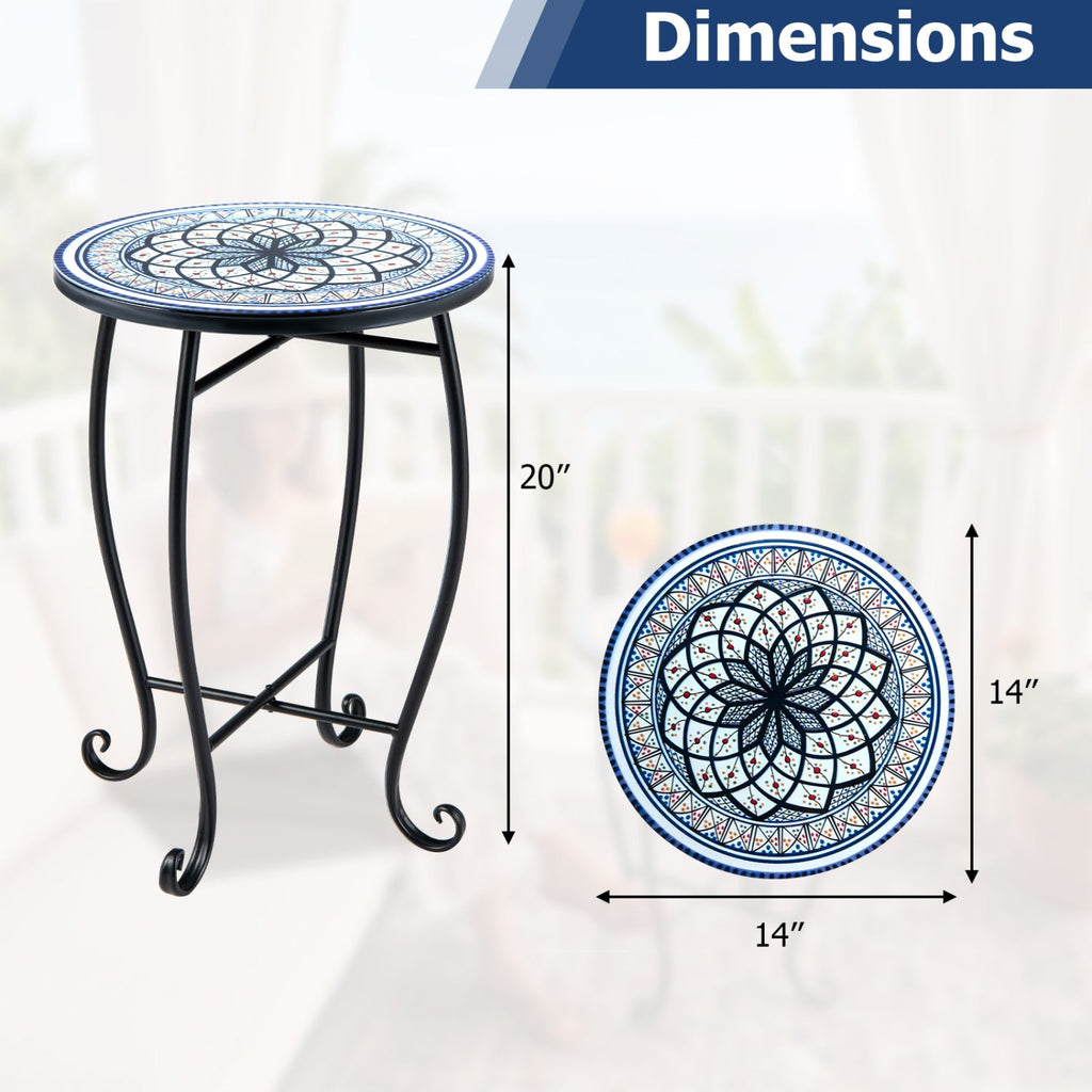 14 inches Floral Clover/Blooming Lotus/Bright Sunflower Mosaic Patio Accent Coffee End Table-White