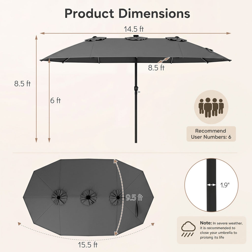 15.5FT Extra-Large Patio Umbrella 12 Reinforced Metal Ribs-Gray