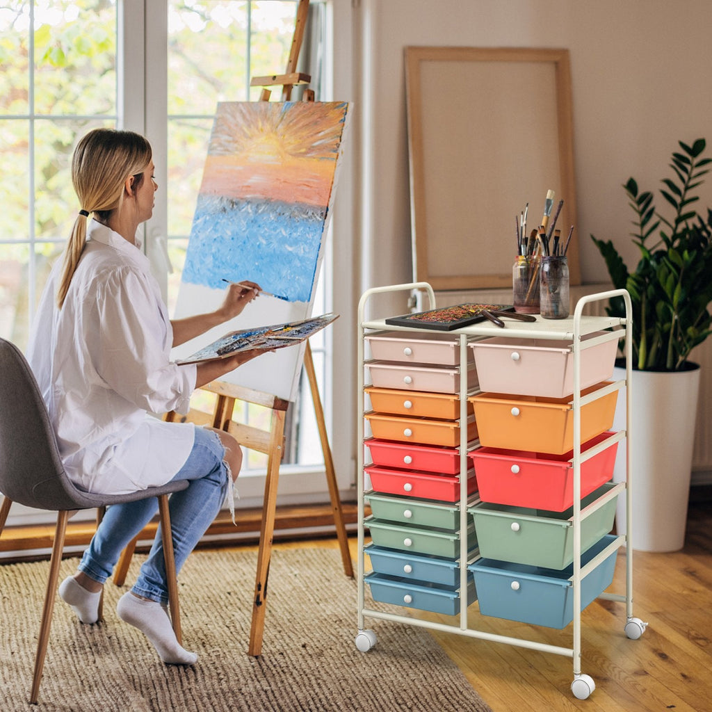 15-Drawer Utility Rolling Organizer Cart-Deep Multicolor