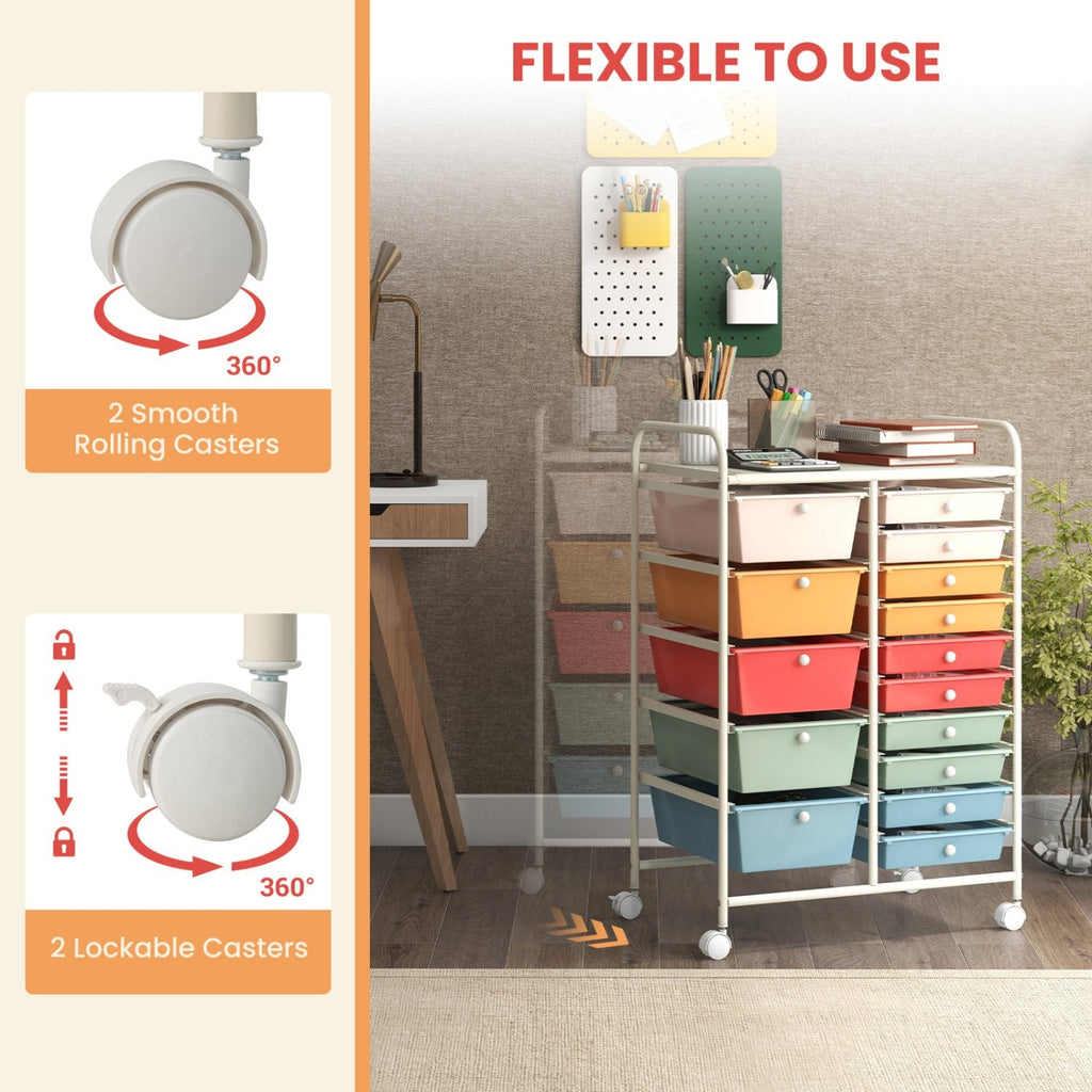 15-Drawer Utility Rolling Organizer Cart-Deep Multicolor