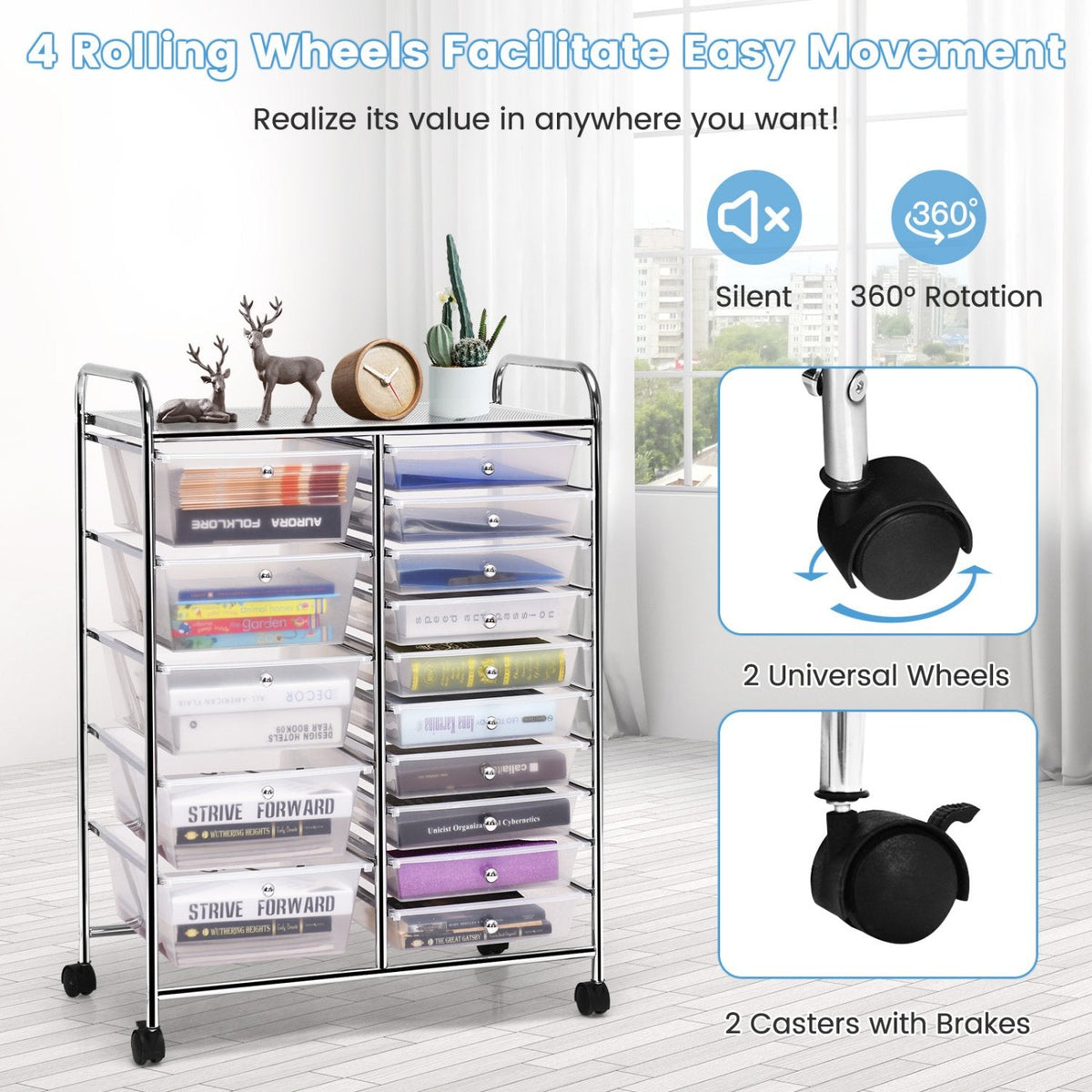15-Drawer Utility Rolling Organizer Cart Multi-Use Storage-Clear