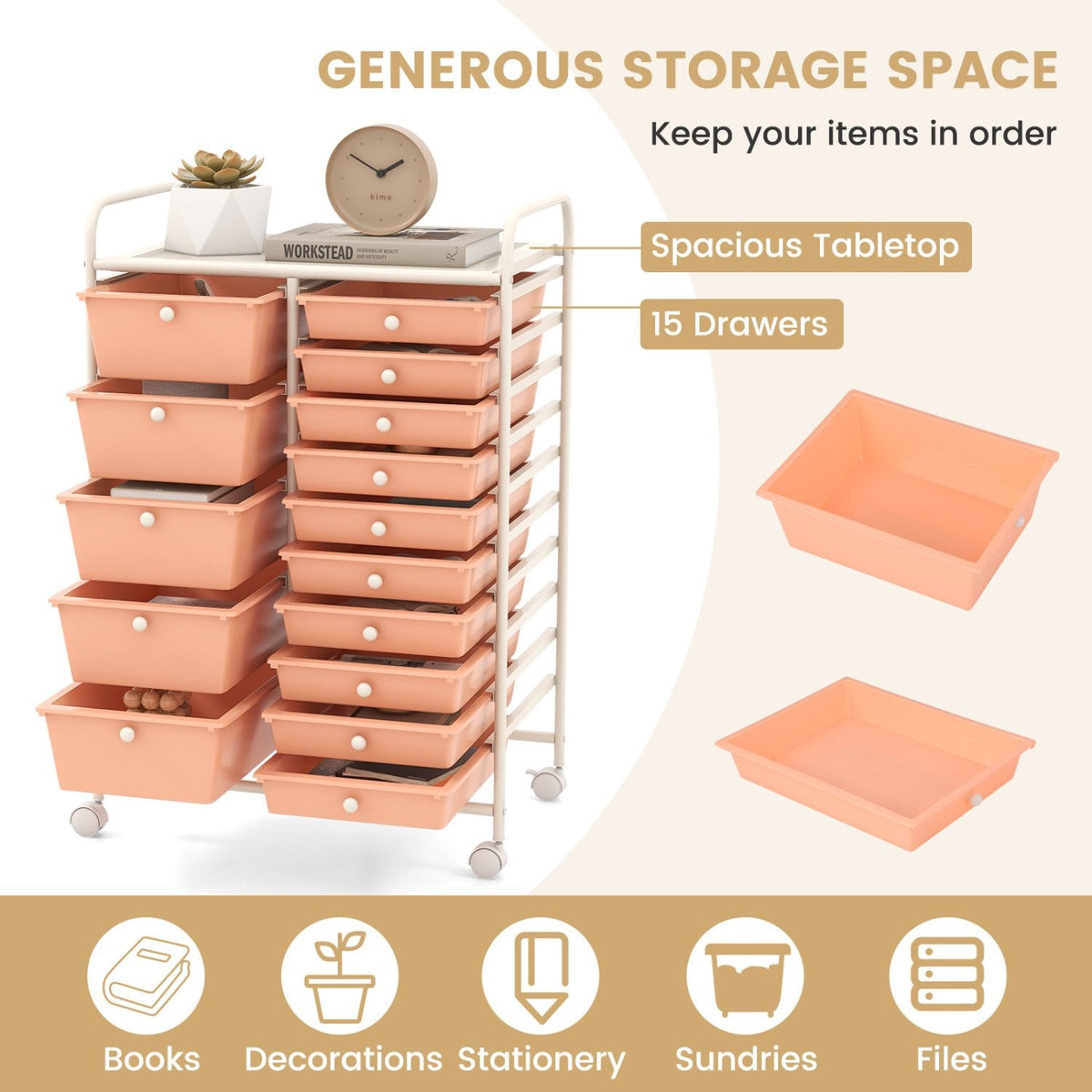 15-Drawer Utility Rolling Organizer Cart Multi-Use Storage-Peach