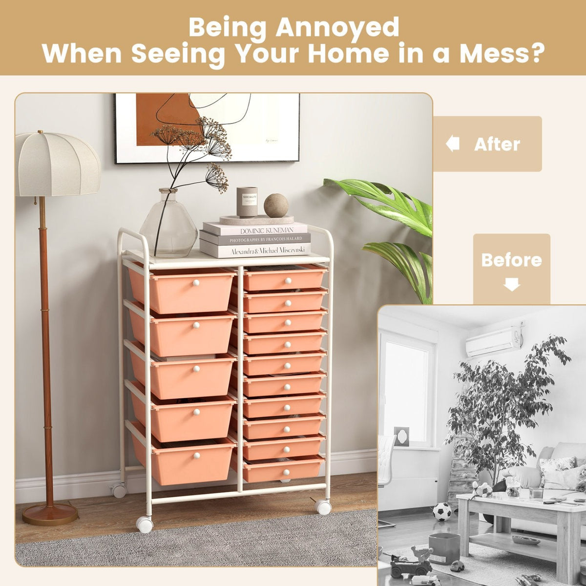 15-Drawer Utility Rolling Organizer Cart Multi-Use Storage-Peach