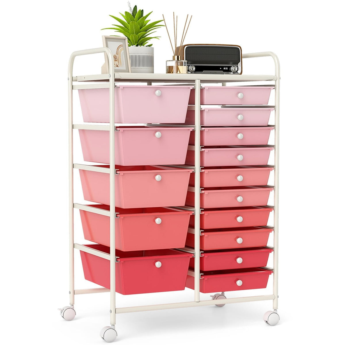 15-Drawer Utility Rolling Organizer Cart Multi-Use Storage-Pink